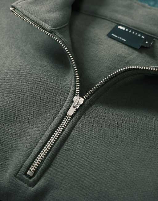 ASOS DESIGN premium heavyweight half zip sweatshirt in 400gsm in dark green, 5 of 5