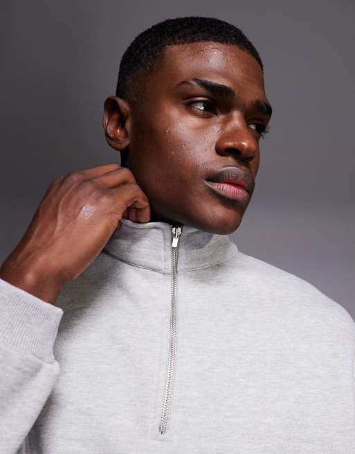 ASOS DESIGN premium heavyweight half zip sweatshirt in 400gsm in grey marl, 5 of 5