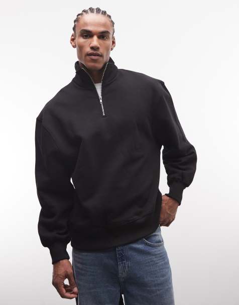 ASOS DESIGN premium heavyweight oversized 1/4 zip 400gsm in black - BLACK - BLACK - view 1