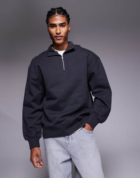 ASOS DESIGN premium heavyweight oversized 1/4 zip 400gsm in grey - view 1