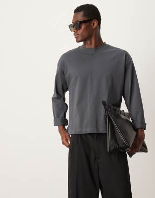 Premium heavyweight oversized boxy long sleeve t-shirt 300gsm in charcoal-Gray