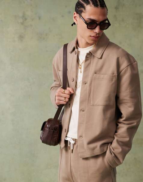 ASOS DESIGN premium heavyweight oversized boxy smart shacket in 400gsm brown (part of a set) - view 1