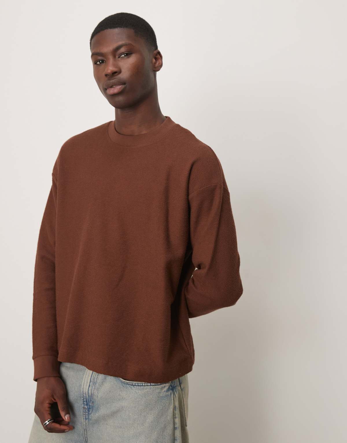 ASOS DESIGN Premium heavyweight oversized boxy textured long sleeve top in brown