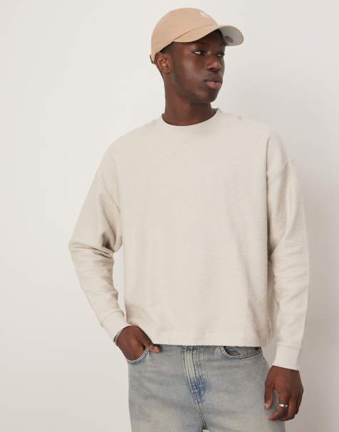 ASOS DESIGN Premium heavyweight oversized boxy textured long sleeve top in cream - view 1