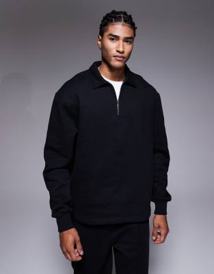 Asos Design Premium Heavyweight Oversized Collared Quarter Zip Sweatshirt In Black