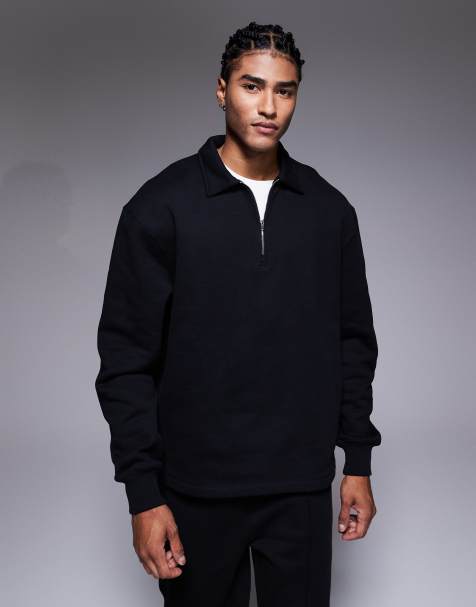 ASOS DESIGN premium heavyweight oversized collared quarter zip sweatshirt in black - part of a set - view 1