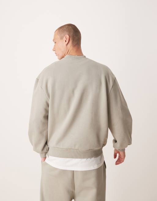 ASOS DESIGN premium heavyweight oversized crew neck sweatshirt with bell sleeve in 400gsms in beige, 2 of 4