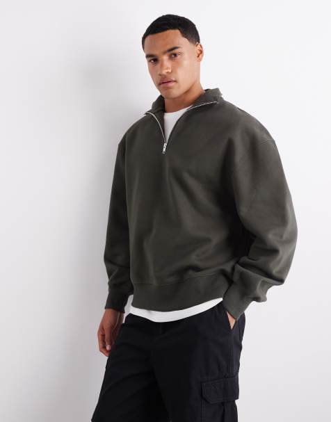 ASOS DESIGN premium heavyweight oversized quarter zip 400gsm in khaki - KHAKI - view 1