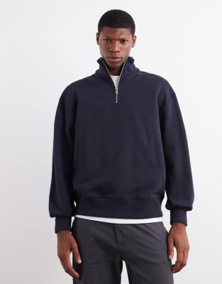 ASOS DESIGN premium heavyweight oversized quarter zip 400gsm in navy - NAVY