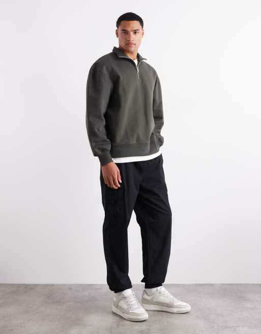 ASOS DESIGN premium heavyweight oversized quarter zip jumper in khaki