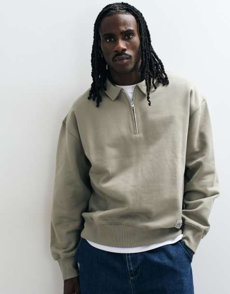 ASOS DESIGN premium heavyweight oversized quarter zip sweat in light khaki - view 1