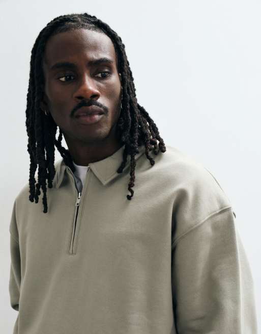 ASOS DESIGN premium heavyweight oversized quarter zip sweat in light khaki, 2 of 5