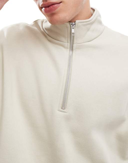 ASOS DESIGN premium heavyweight oversized quarter zip sweatshirt 400gsm beige