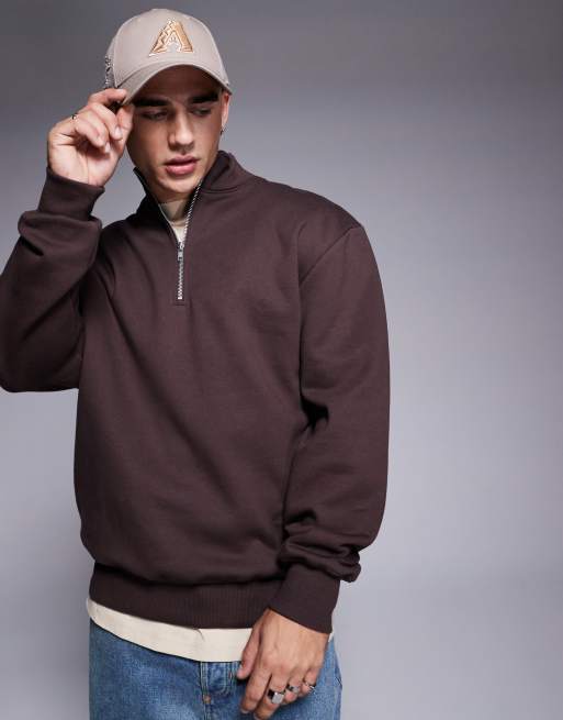 ASOS DESIGN premium heavyweight oversized quarter zip sweatshirt 400gsm in brown ASOS