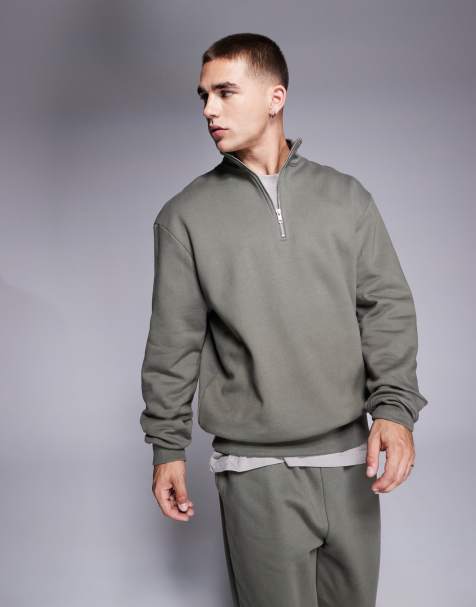 ASOS DESIGN premium heavyweight oversized quarter zip sweatshirt 400gsm in khaki - view 1