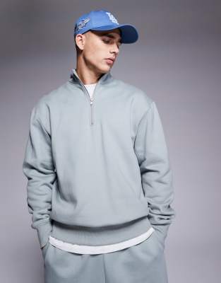 ASOS DESIGN premium heavyweight oversized quarter zip sweatshirt 400gsm in light washed grey-Green φωτογραφία