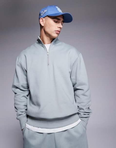 ASOS DESIGN premium heavyweight oversized quarter zip sweatshirt 400gsm in light washed grey - view 1