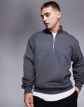 [ASOS DESIGN] ASOS DESIGN premium heavyweight oversized quarter zip sweatshirt 400gsm in washed black-Grey 2XL Dark Shadow