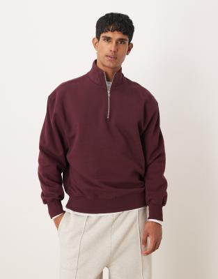 Asos Design Premium Heavyweight Oversized Quarter Zip Sweatshirt In Burgundy