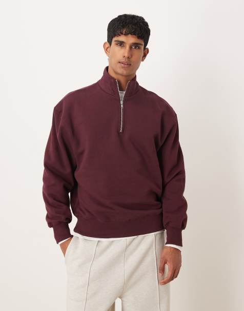ASOS DESIGN premium heavyweight oversized quarter zip sweatshirt in 400 gsm burgundy  - view 1