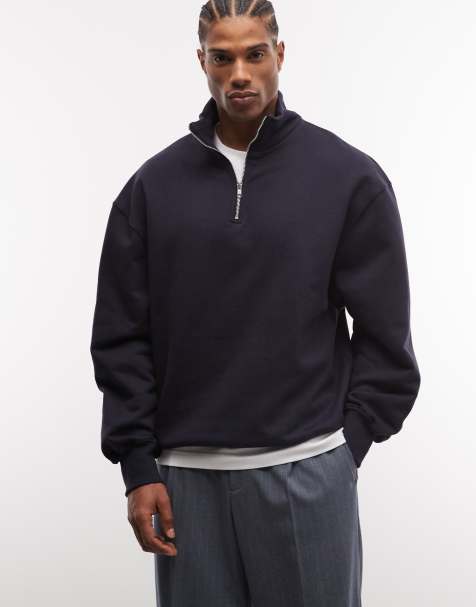 ASOS DESIGN premium heavyweight oversized quarter zip sweatshirt in 400 gsm navy - NAVY - view 1
