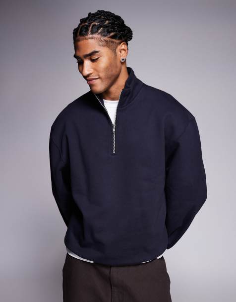 ASOS DESIGN premium heavyweight oversized quarter zip sweatshirt in 400 gsm navy - view 1