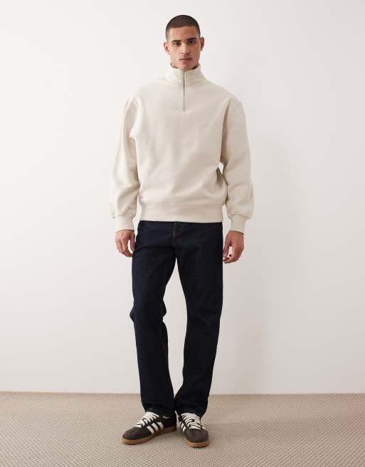 ASOS DESIGN premium heavyweight oversized quarter zip sweatshirt in 400gsm in beige, 2 of 5