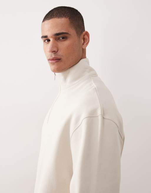 ASOS DESIGN premium heavyweight oversized quarter zip sweatshirt in 400gsm in beige, 3 of 5