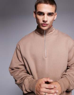 Asos Design Premium Heavyweight Oversized Quarter Zip Sweatshirt In Beige-brown