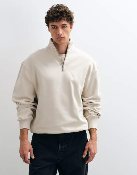 ASOS DESIGN premium heavyweight oversized quarter zip sweatshirt in beige - view 1