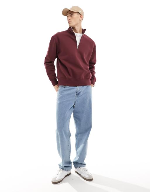 ASOS DESIGN premium heavyweight oversized quarter zip sweatshirt in burgundy - BURGUNDY, 2 of 4
