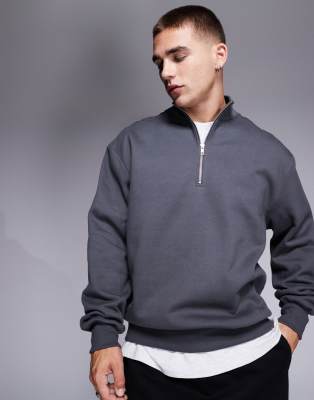 Asos Design Premium Heavyweight Oversized Quarter Zip Sweatshirt 400gsm In Gray