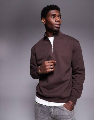 premium heavyweight oversized quarter zip sweatshirt in dark brown