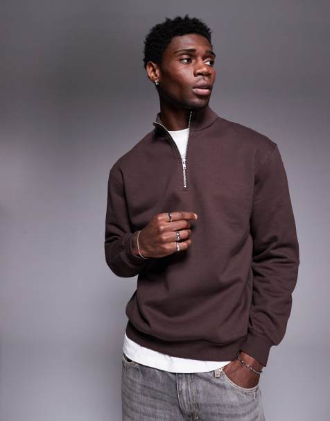 ASOS DESIGN premium heavyweight oversized quarter zip sweatshirt in dark brown - view 1