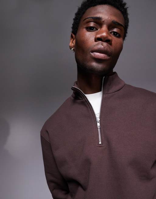 ASOS DESIGN premium heavyweight oversized quarter zip sweatshirt in dark brown, 3 of 4
