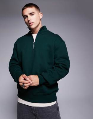 Asos Design Premium Heavyweight Oversized Quarter Zip Sweatshirt In Forest Green