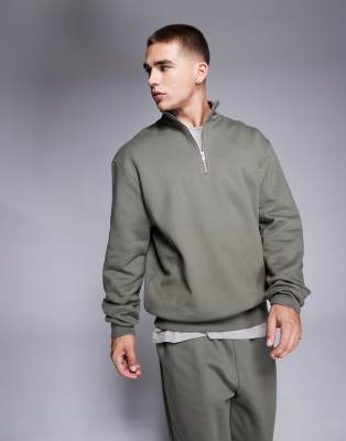 Asos Design Oversized Zip Polo Sweatshirt With Tipping In Gray In Green