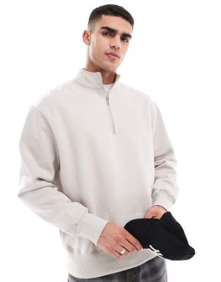 Asos Design Premium Heavyweight Oversized Quarter Zip Sweatshirt In Light Beige-neutral