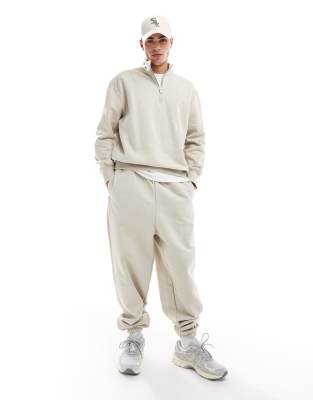 Asos Design Premium Heavyweight Oversized Quarter Zip Sweatshirt 400gsm Beige-neutral