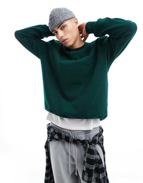 ASOS DESIGN premium heavyweight oversized sweatshirt 400gsm in dark green - view 1
