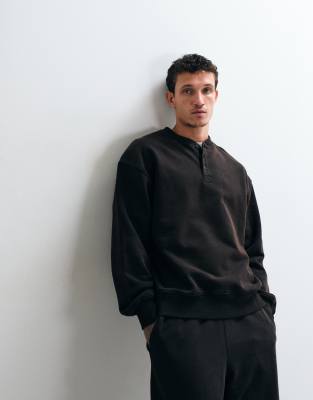 Asos Design Premium Heavyweight Oversized Washed Henley Sweatshirt In Brown