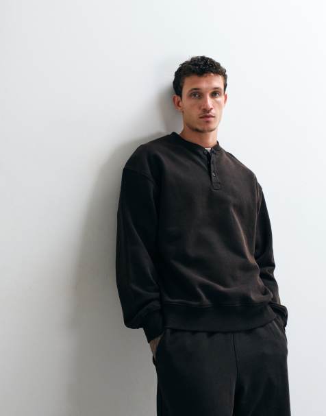 ASOS DESIGN premium heavyweight oversized washed henley top in black - view 1