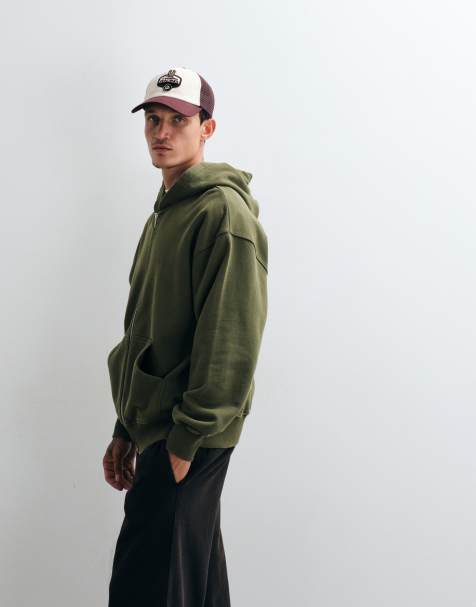 ASOS DESIGN premium heavyweight oversized washed zip through in Olive - view 1