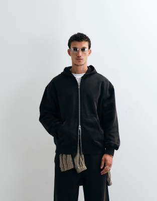 Asos Design Premium Heavyweight Oversized Washed Zip Up Hoodie In Black