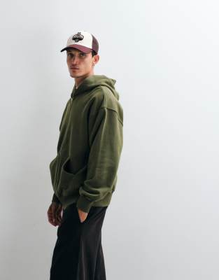 Asos Design Premium Heavyweight Oversized Washed Zip Up Hoodie In Green