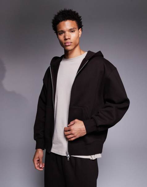 ASOS DESIGN premium heavyweight oversized zip hoodie 400gsm in dark brown - view 1