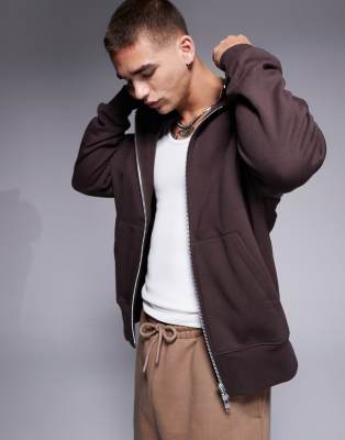 Asos Design Premium Heavyweight Oversized Zip Through Hoodie 400gsm In Brown