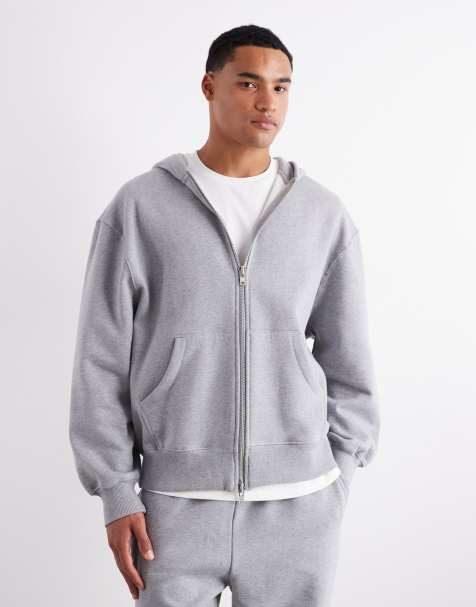 ASOS DESIGN premium heavyweight oversized zip through hoodie 400gsm in grey marl - GREY - view 1