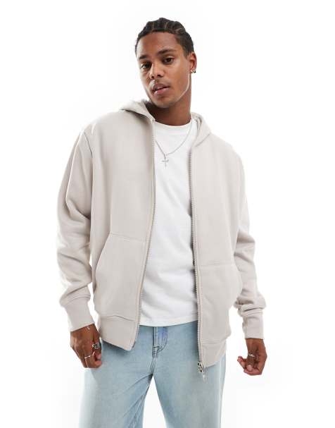 ASOS DESIGN premium heavyweight oversized zip through hoodie 400gsm in light grey beige - view 1