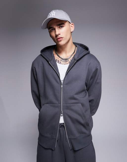 ASOS DESIGN premium heavyweight oversized zip through hoodie 400gsm in washed black